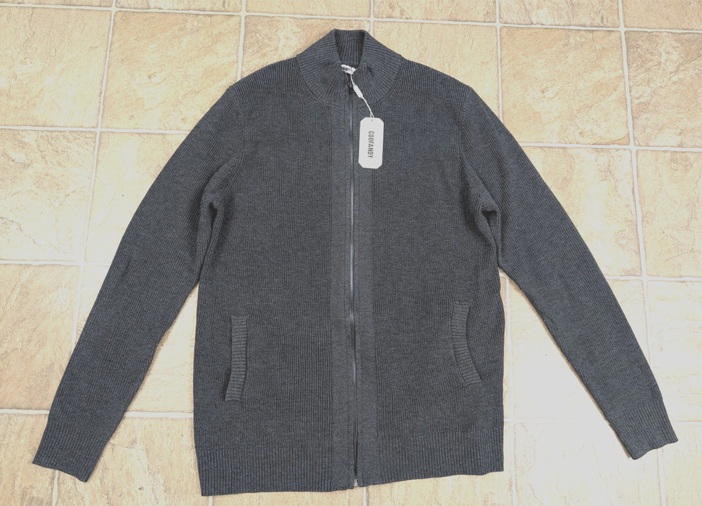 New Coofandy men's sz L Sweater Jacket fully zips gray long sleeves stretch 2920